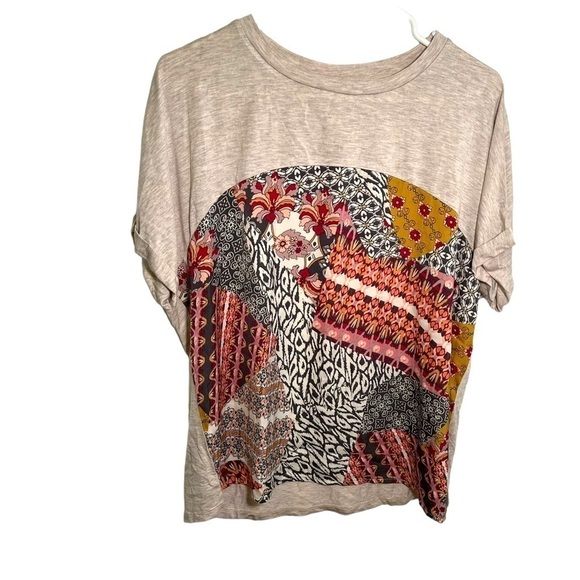 Truself Mixed Media Blouse Beige Geometric - Picture 1 of 13